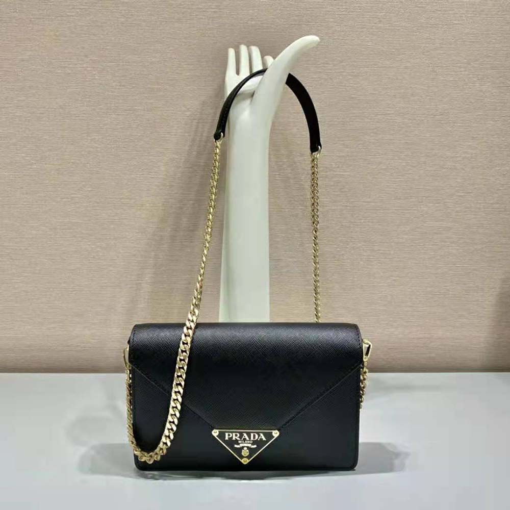 Close-up of gold hardware on Prada Women Saffiano Leather Shoulder Bag-Black