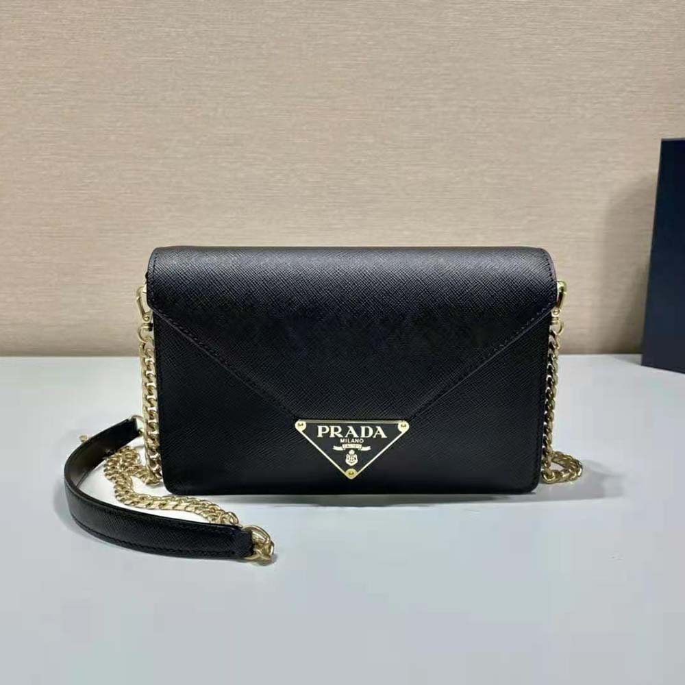 Side angle showing sleek silhouette of Prada Women Saffiano Leather Shoulder Bag-Black
