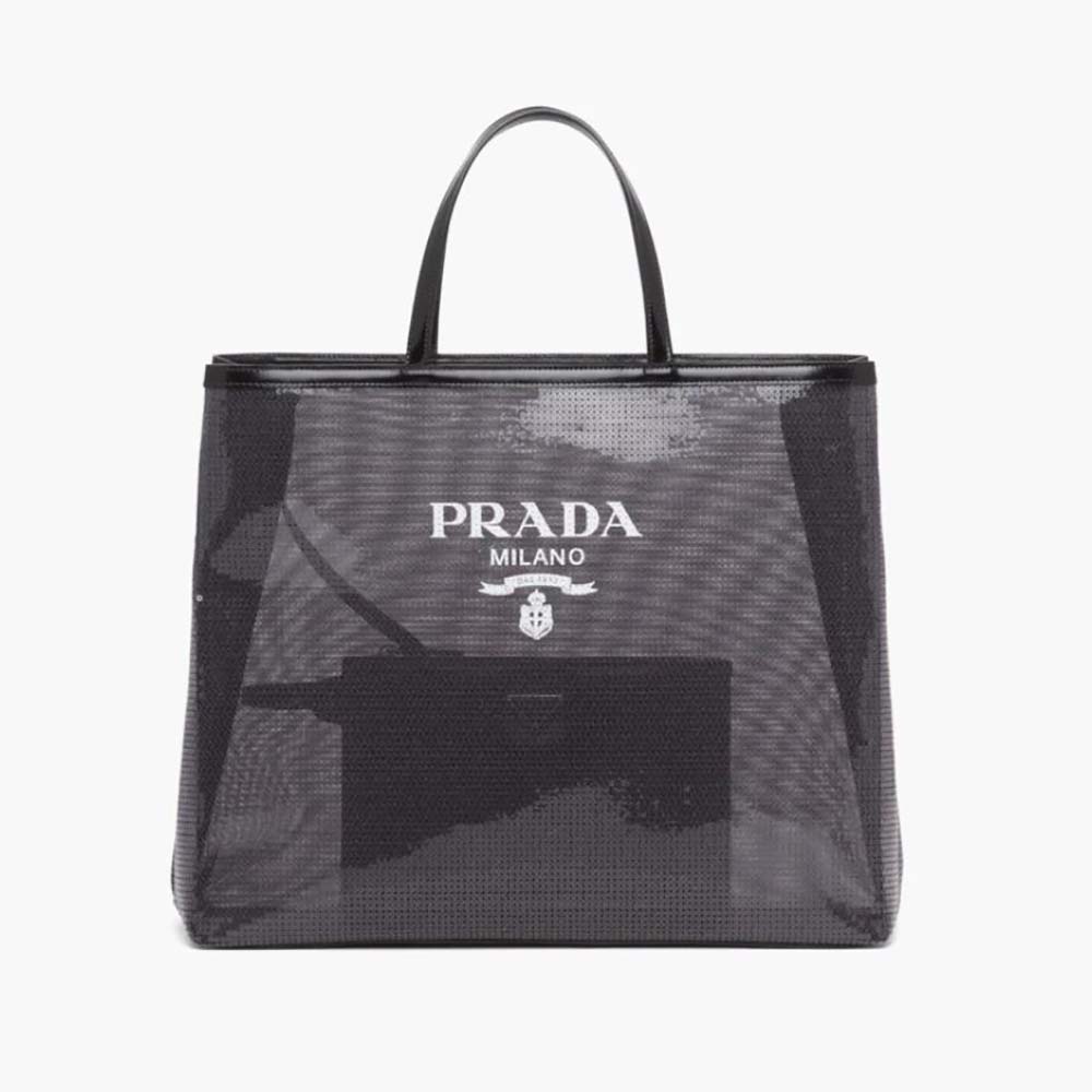Front angle of Prada Women Sequined Mesh Tote Bag-Black showing shimmer