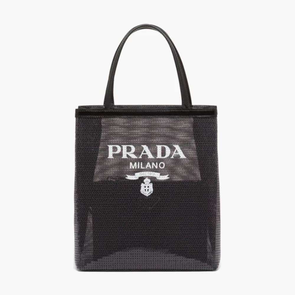 Front view of Prada Women Small Sequined Mesh Tote Bag-Black showing sequined detail
