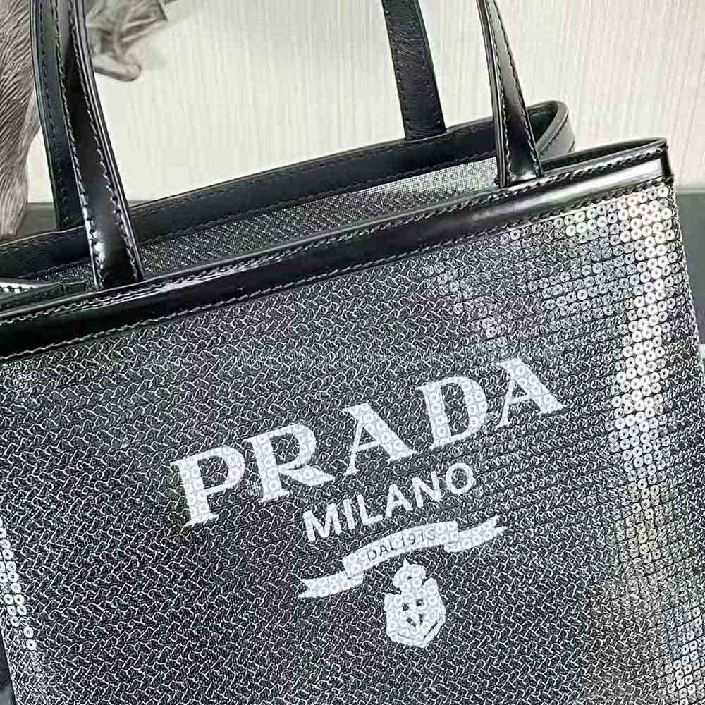 Prada Women Small Sequined Mesh Tote Bag-Black - image 7