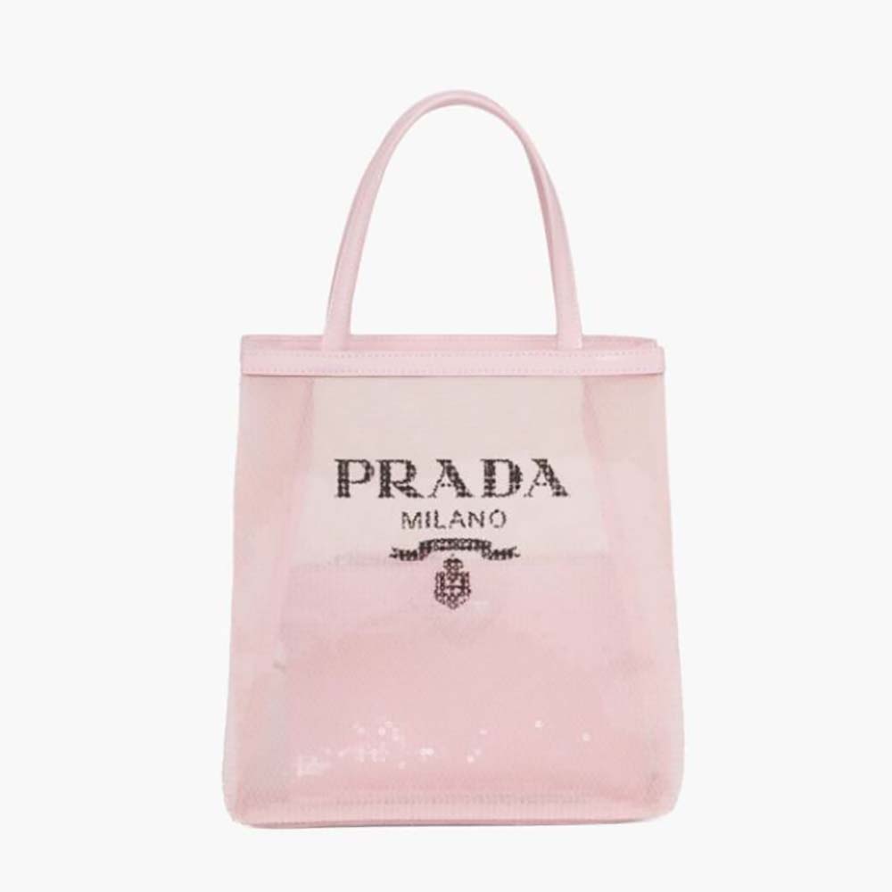 Front view of Prada Women Small Sequined Mesh Tote Bag-Pink showcasing sequined texture