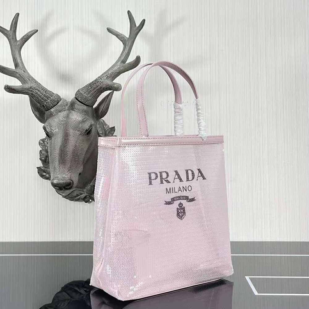 Prada Women Small Sequined Mesh Tote Bag-Pink - image 4