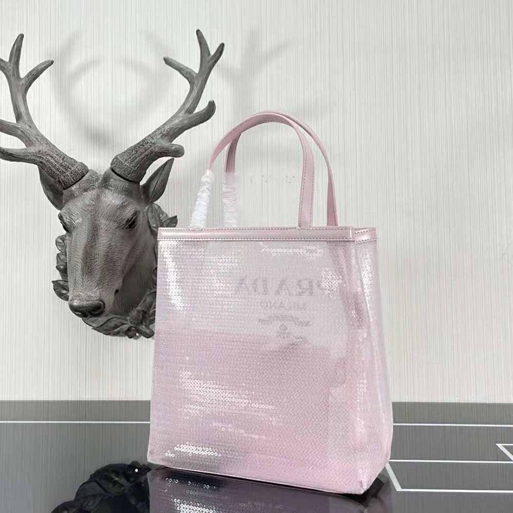 Prada Women Small Sequined Mesh Tote Bag-Pink - image 5