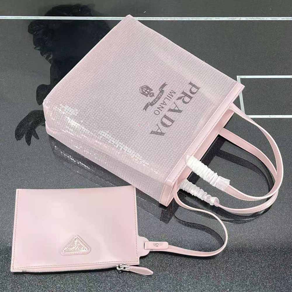 Close-up of silver Prada logo hardware on Small Sequined Mesh Tote Bag-Pink