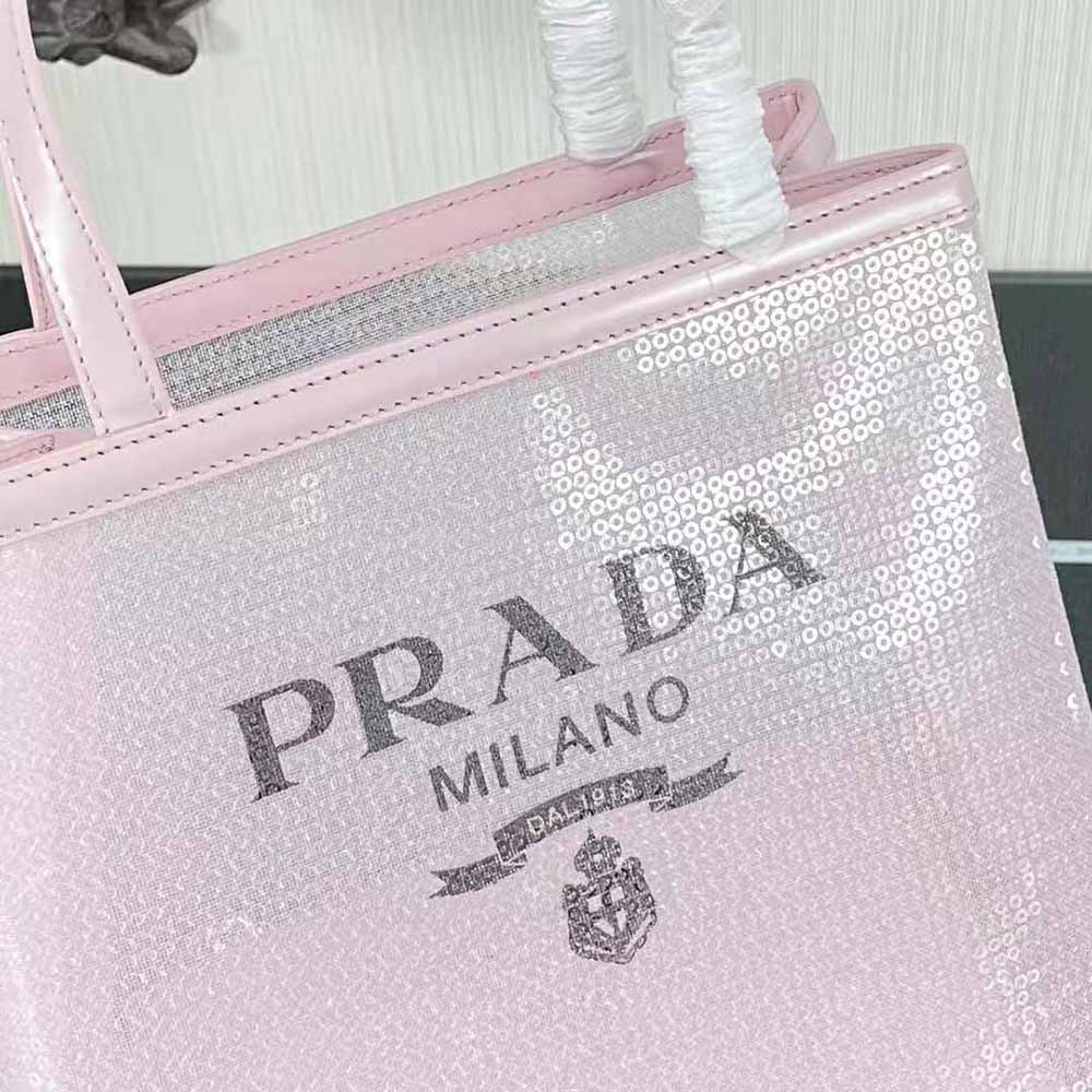 Prada Women Small Sequined Mesh Tote Bag-Pink - image 7