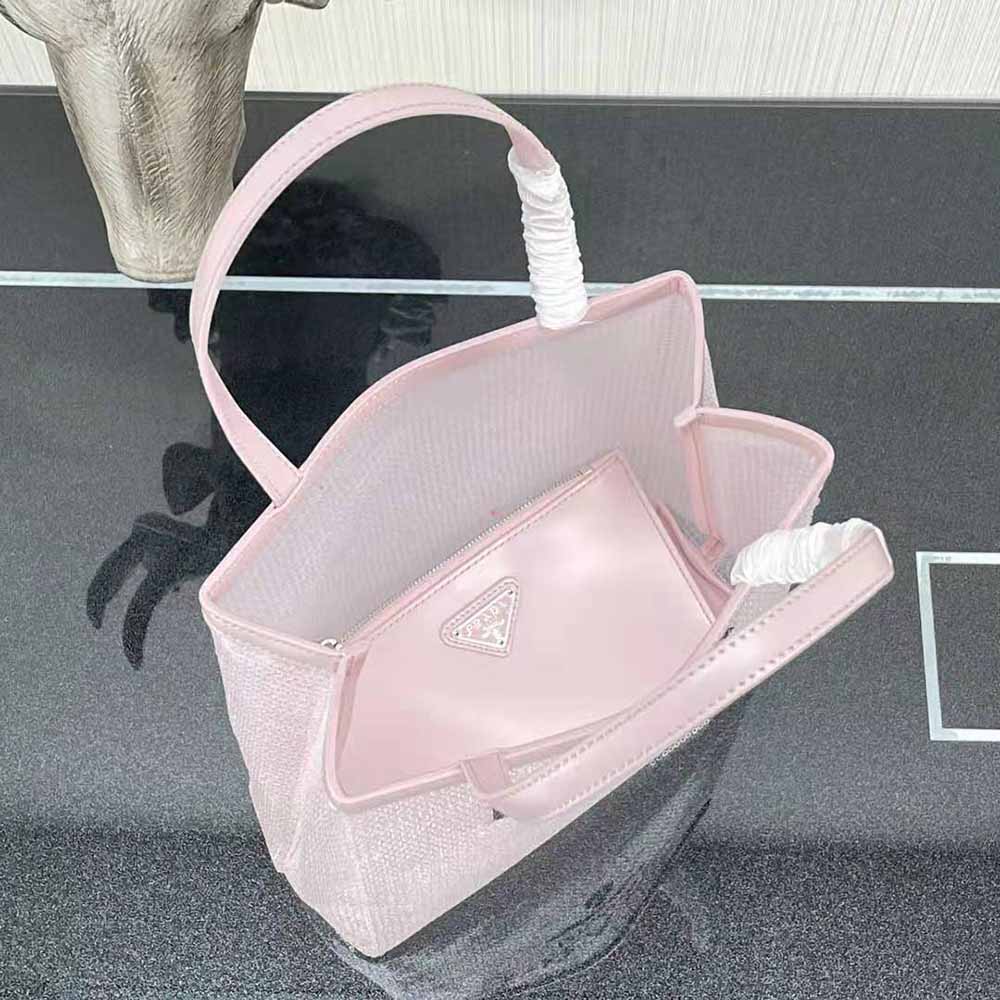 Prada Women Small Sequined Mesh Tote Bag-Pink - image 6