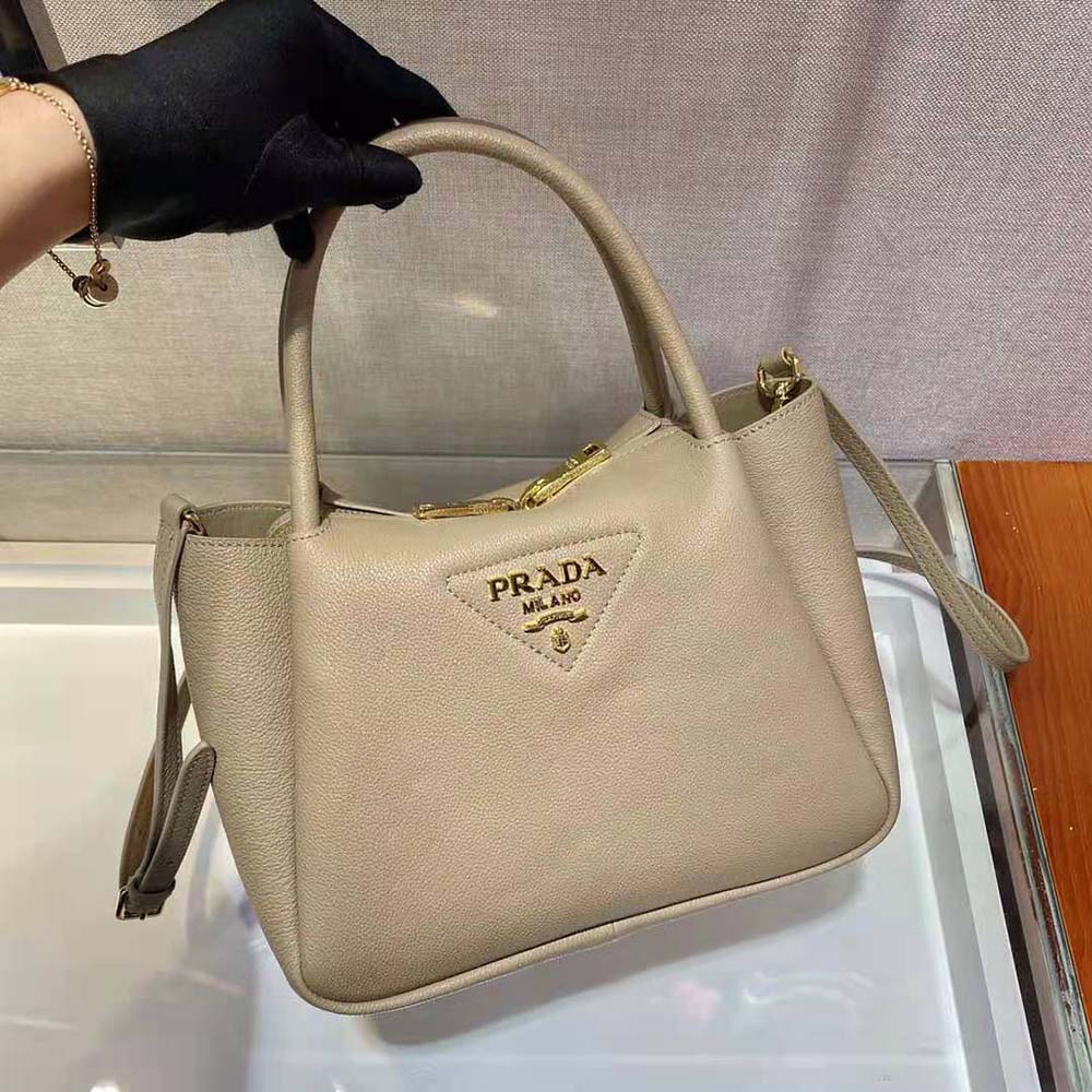 Prada Women Small leather Handbag with the Prada Metal Lettering Logo Illuminating Its Center-Sandy - image 5