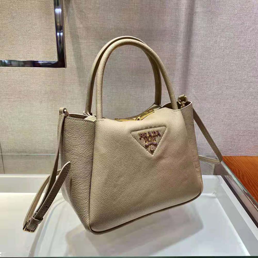 Prada Women Small leather Handbag with the Prada Metal Lettering Logo Illuminating Its Center-Sandy - image 6