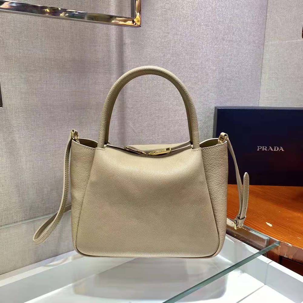 Prada Women Small leather Handbag with the Prada Metal Lettering Logo Illuminating Its Center-Sandy - image 4