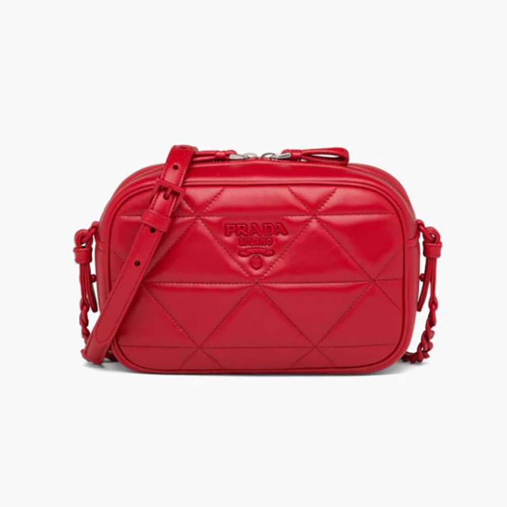 Front view of Prada Women Spectrum Shoulder Bag-Red with logo detail