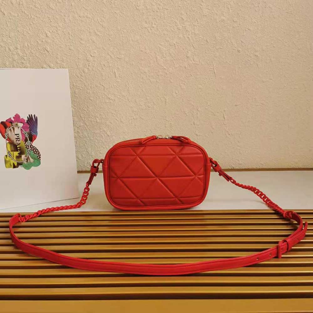 Side profile showing smooth calf leather on Prada Women Spectrum Shoulder Bag-Red