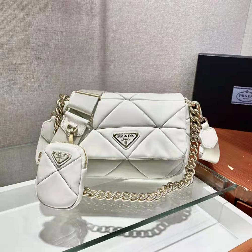 Side profile highlighting the shoulder strap on Prada Women System Nappa Leather Patchwork Bag-White