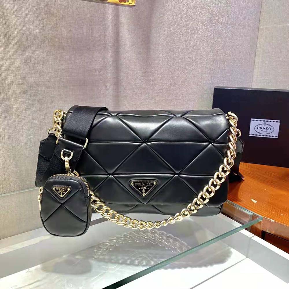 Close-up of black nappa leather patchwork on Prada Women System bag