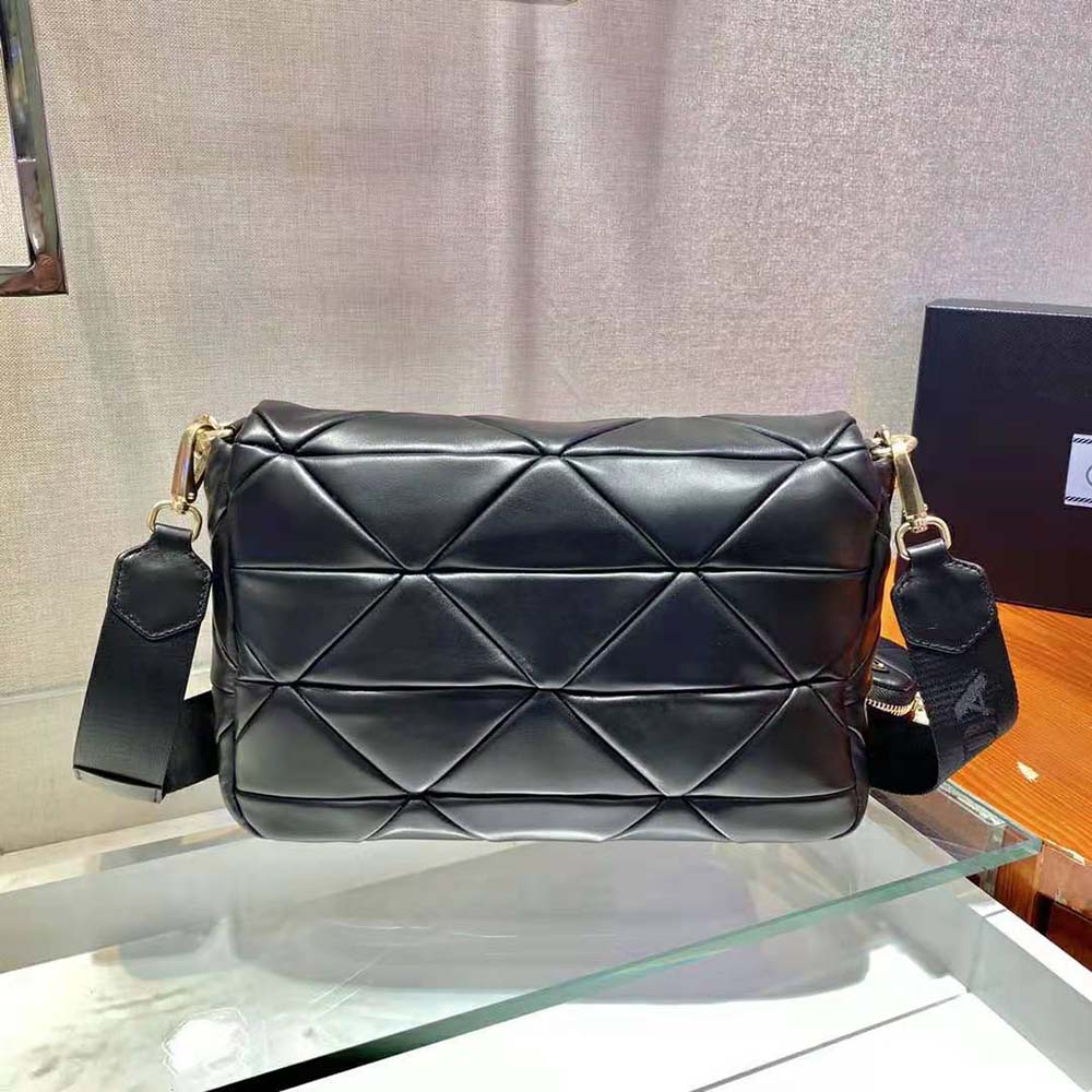 Side angle showing silver hardware on Prada Women System Nappa Leather Patchwork Bag