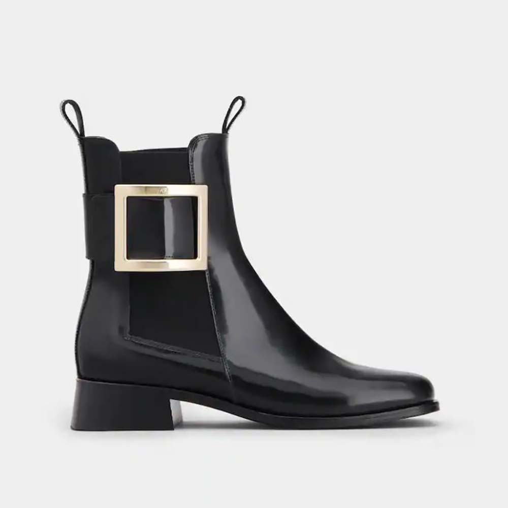 Side profile of Roger Vivier Women Tres Vivier Metal Buckle Chelsea Booties in black leather
