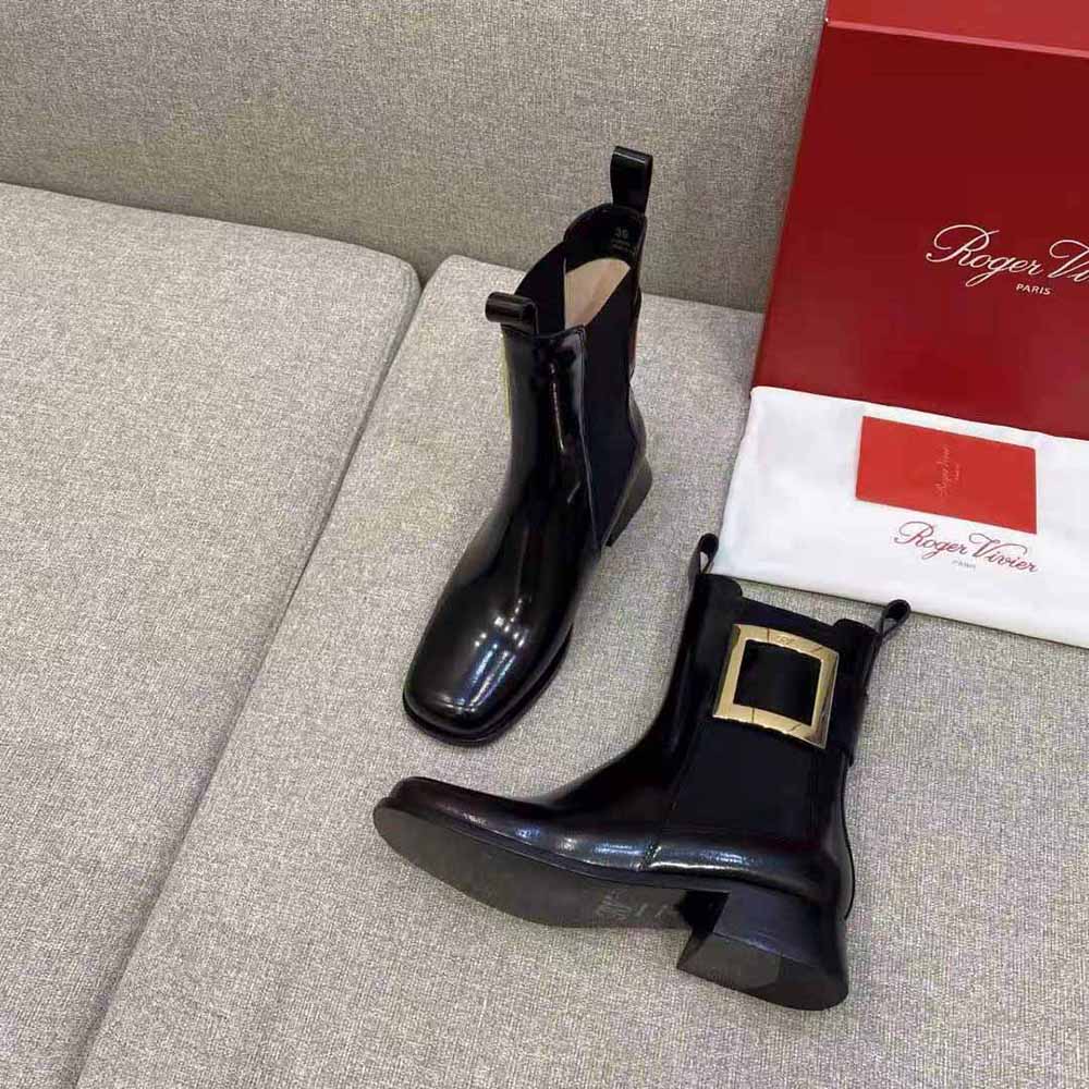 Top view showing elastic panels on Roger Vivier Women Tres Vivier Metal Buckle Chelsea Booties