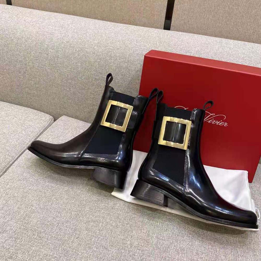 Roger Vivier Women Tres Vivier Metal Buckle Chelsea Booties in Leather - image 5
