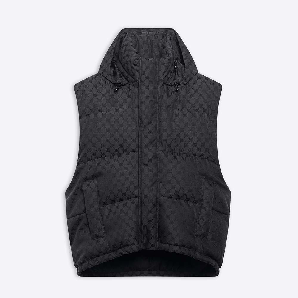 Front view of Balenciaga Women Hacker Cocoon Puffer Gilet in black jacquard