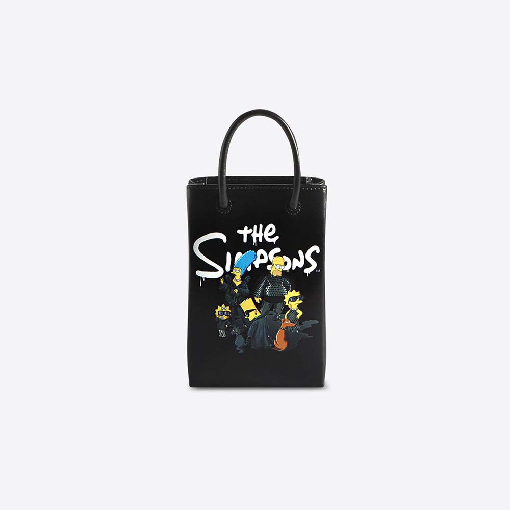 Front view of Balenciaga Women the Simpsons Tm 20th Television Mini Shopping Bag in black calfskin