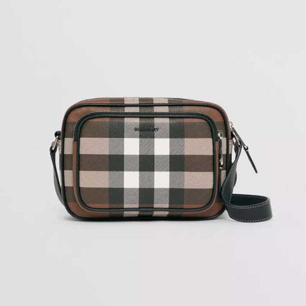 Front view of Burberry Men Check Crossbody Bag in Calf Leather-Brown