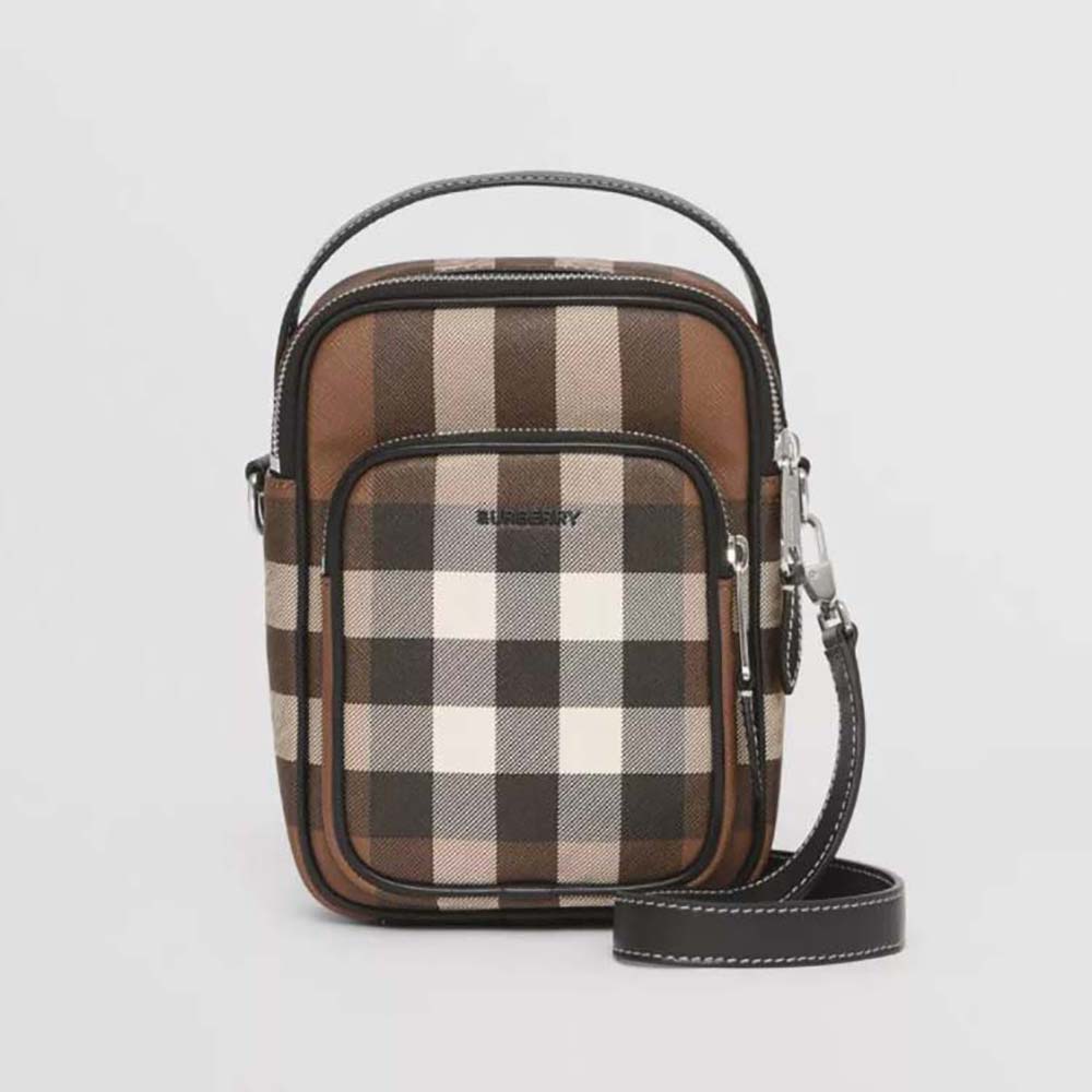 Front view of Burberry Men Check and Leather Crossbody Bag-Brown