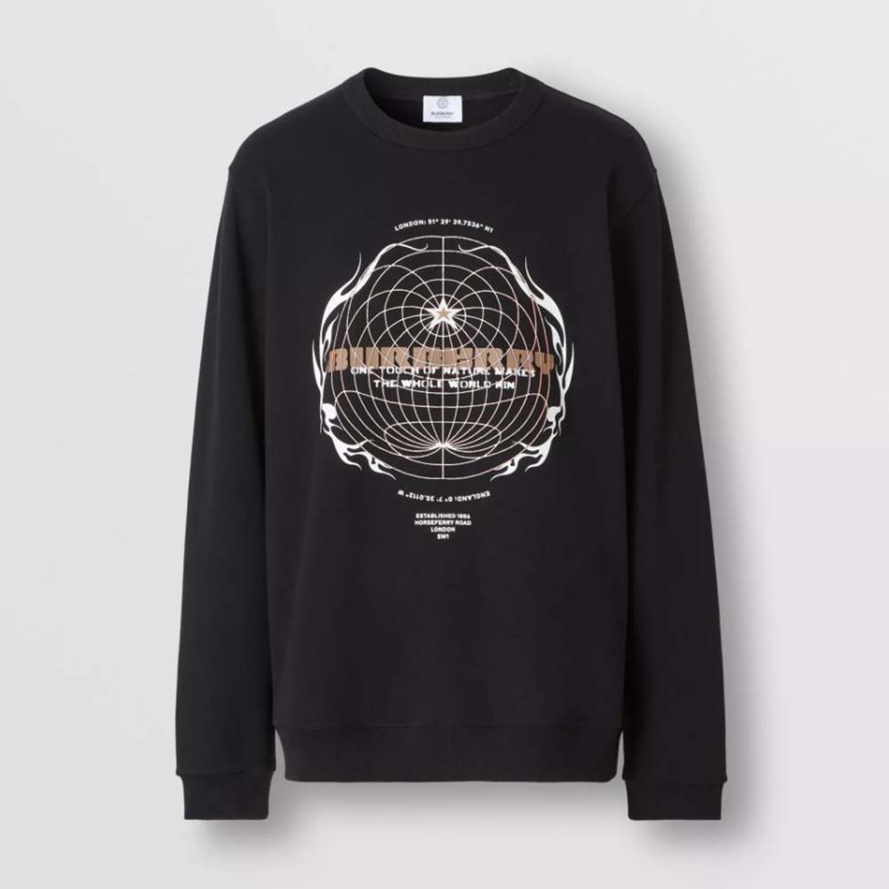 Front view of Burberry Men Globe Graphic Cotton Sweatshirt-Black showing globe print