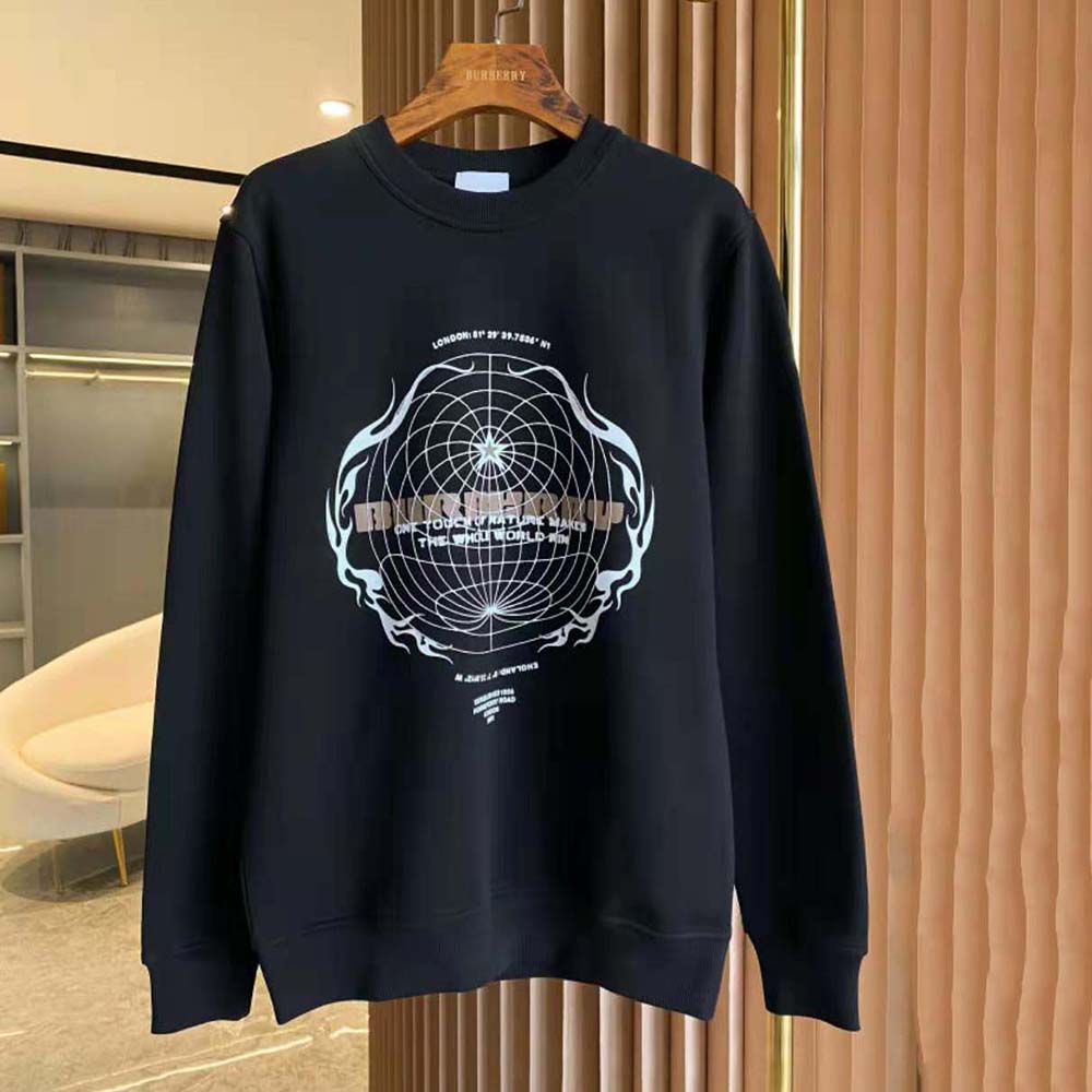Close-up detail of globe graphic on Burberry Men Globe Graphic Cotton Sweatshirt-Black