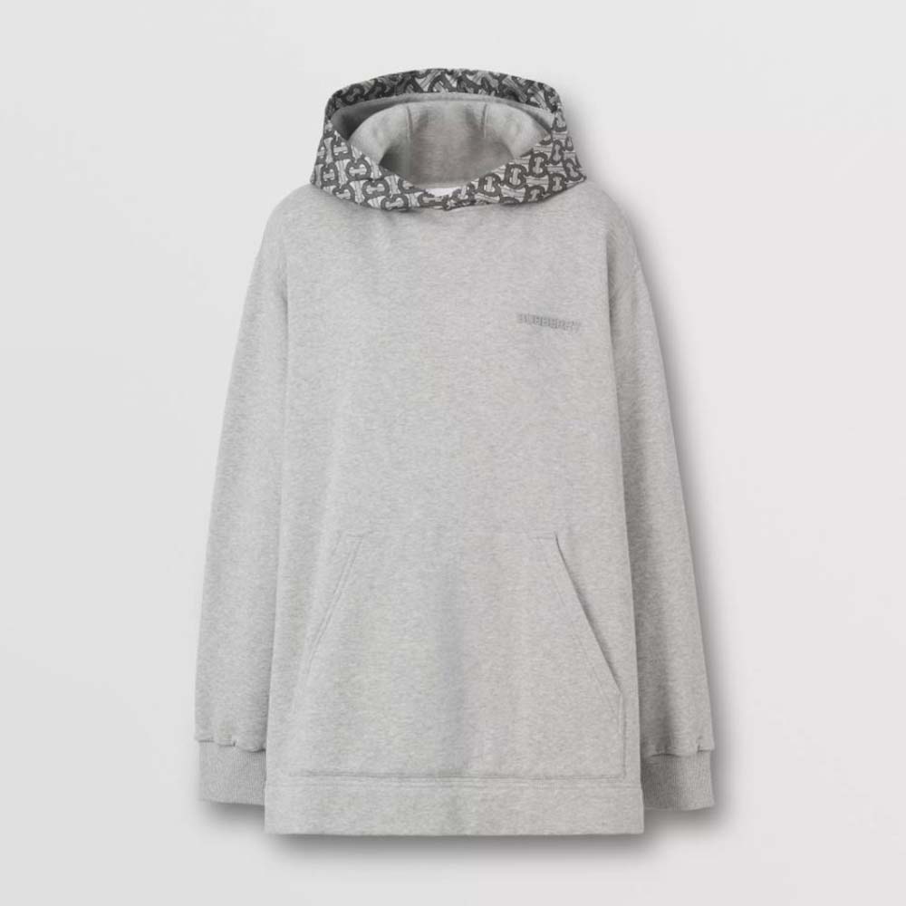 Front view of Burberry Women Monogram Print Cotton Oversized Hoodie in silver
