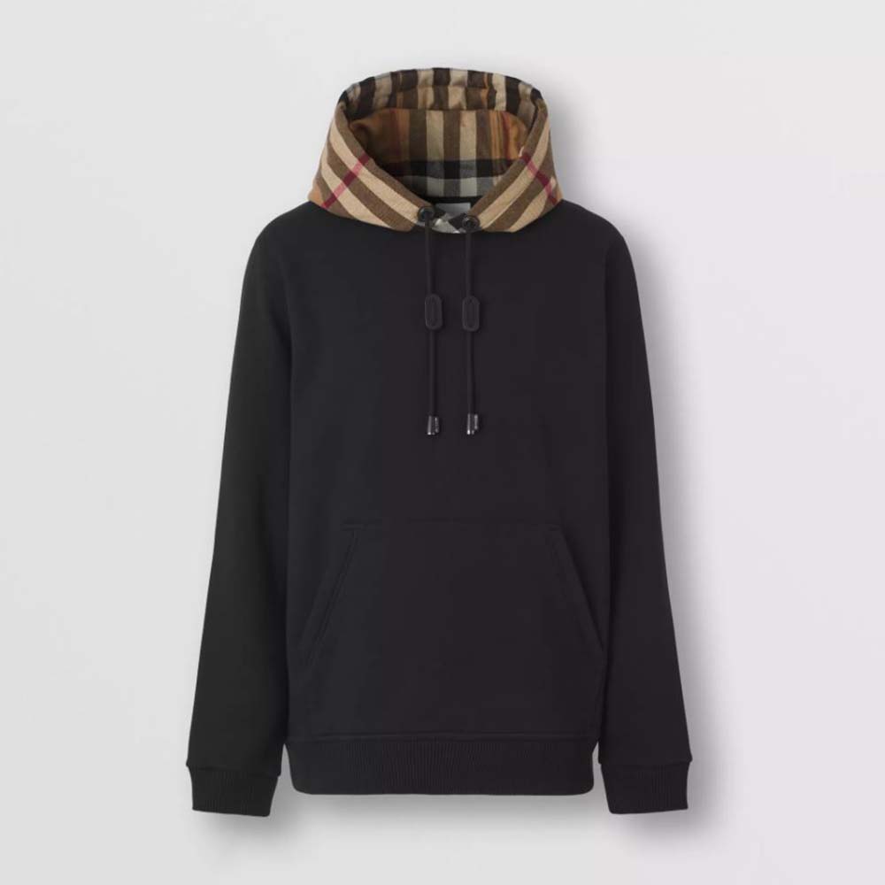 Burberry Men Check Hood Cotton Blend Hoodie-Black