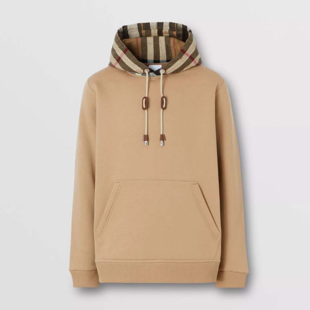 Burberry Men Check Hood Cotton Blend Hoodie-Brown