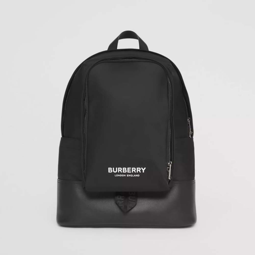 Front view of Burberry Women Large Logo Print Nylon and Leather Backpack-Black