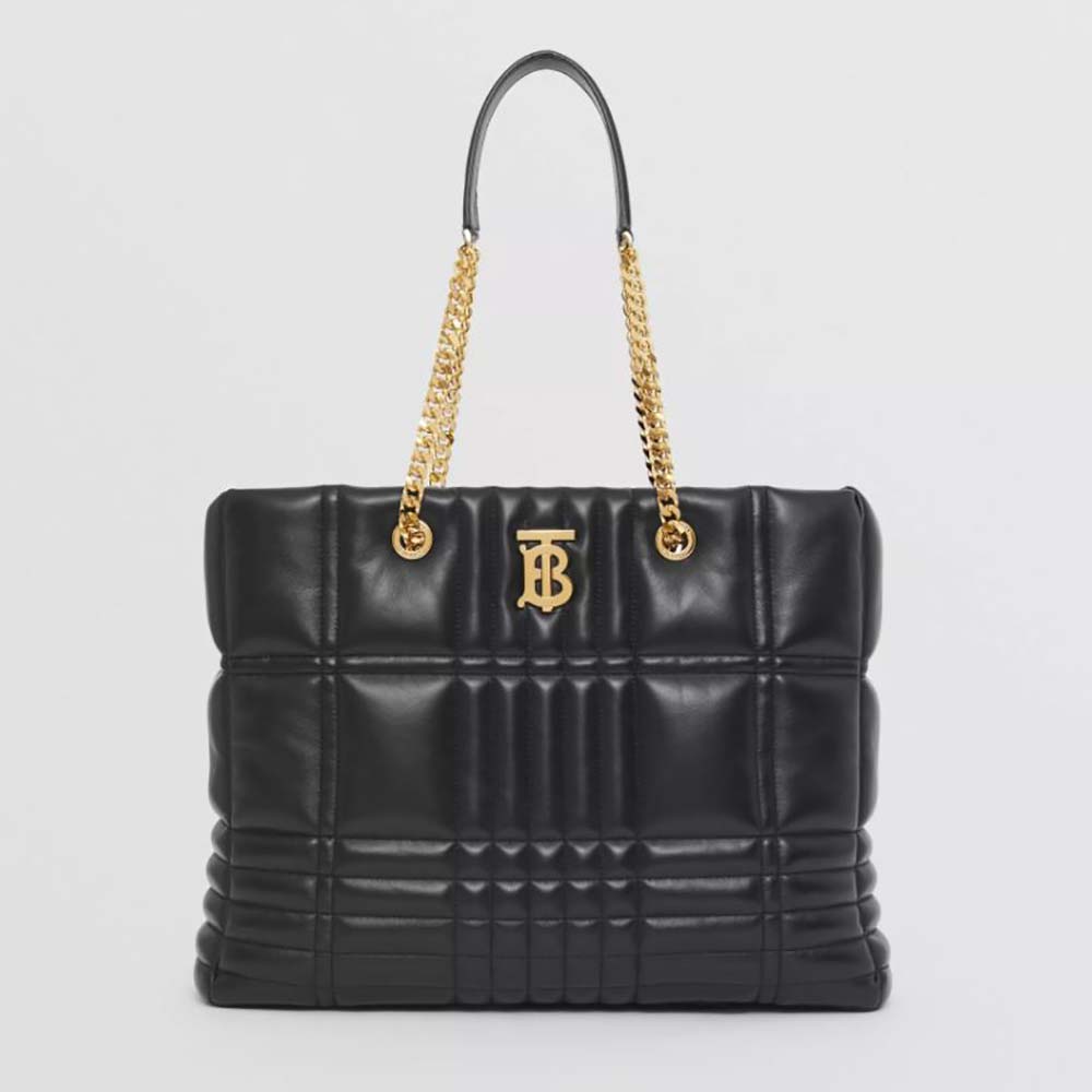 Front view of Burberry Women Medium Quilted Lambskin Lola Shopper Bag black leather