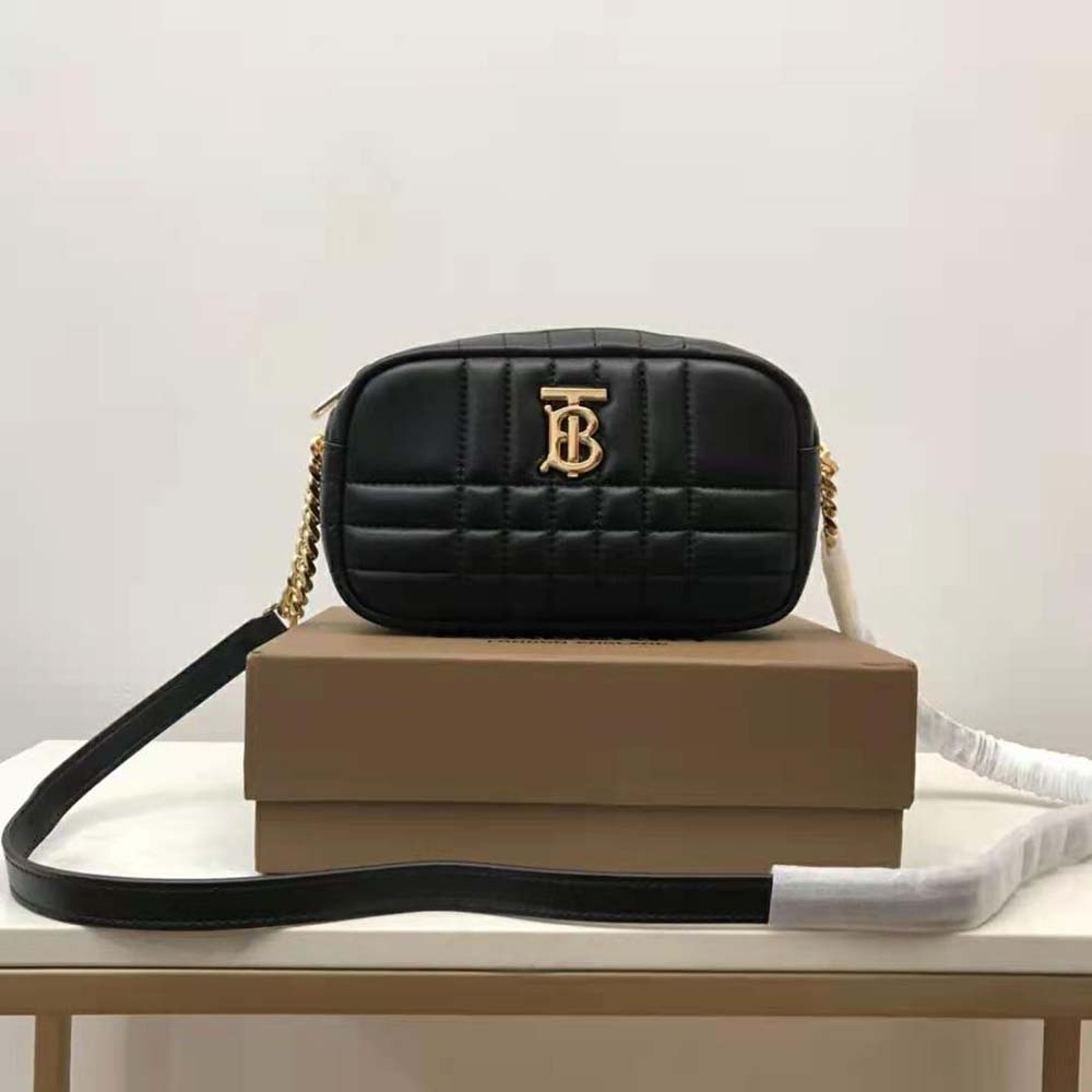 Close-up of gold-tone hardware on Burberry Mini Quilted Lambskin Lola Bag