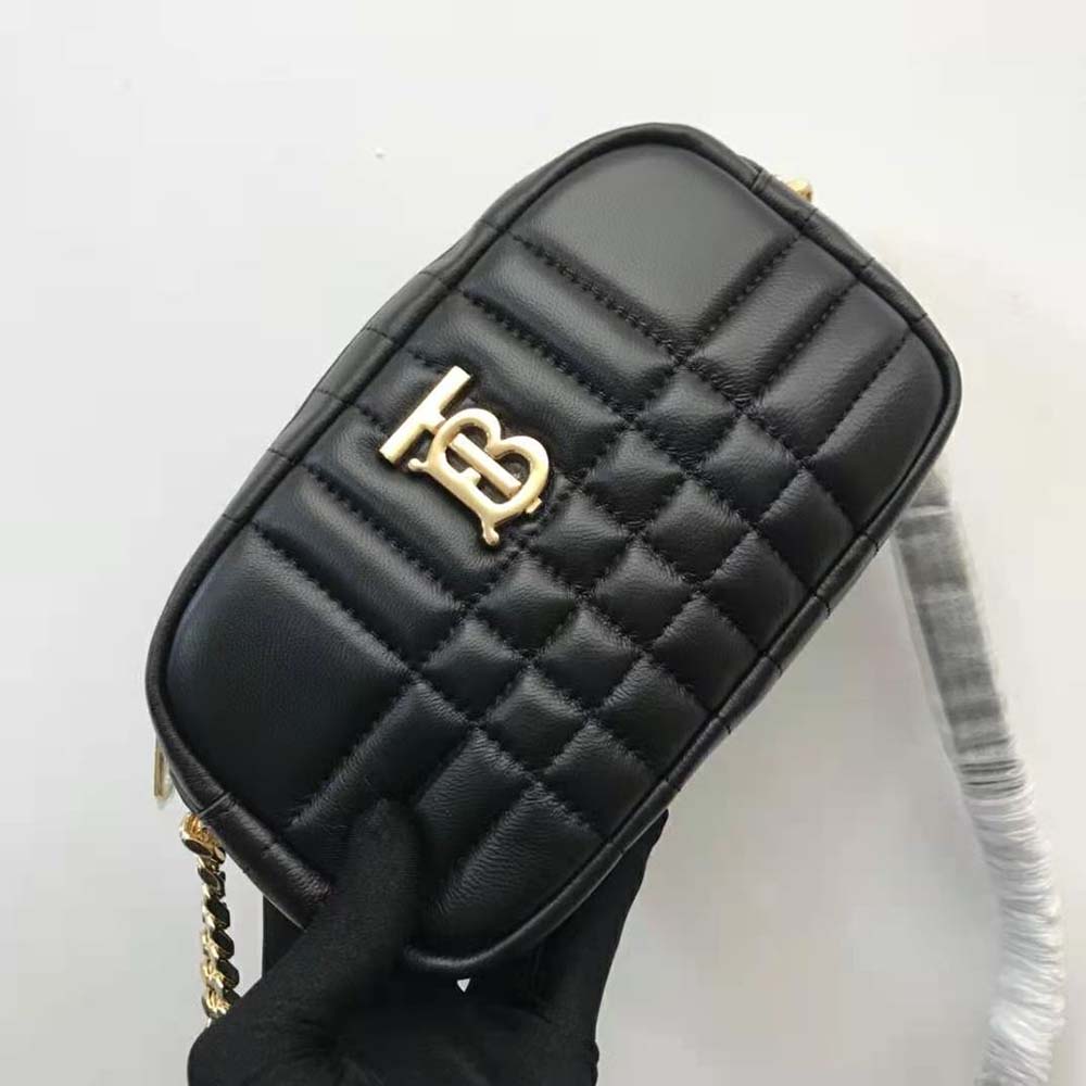 Side angle showing quilted lambskin texture on Burberry Lola Camera Bag