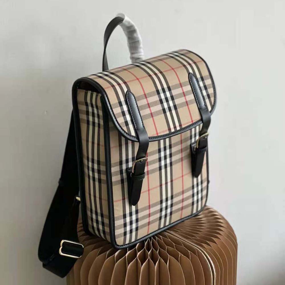 Side profile showing zip closure on Burberry Women Vintage Check Nylon Satchel-Brown