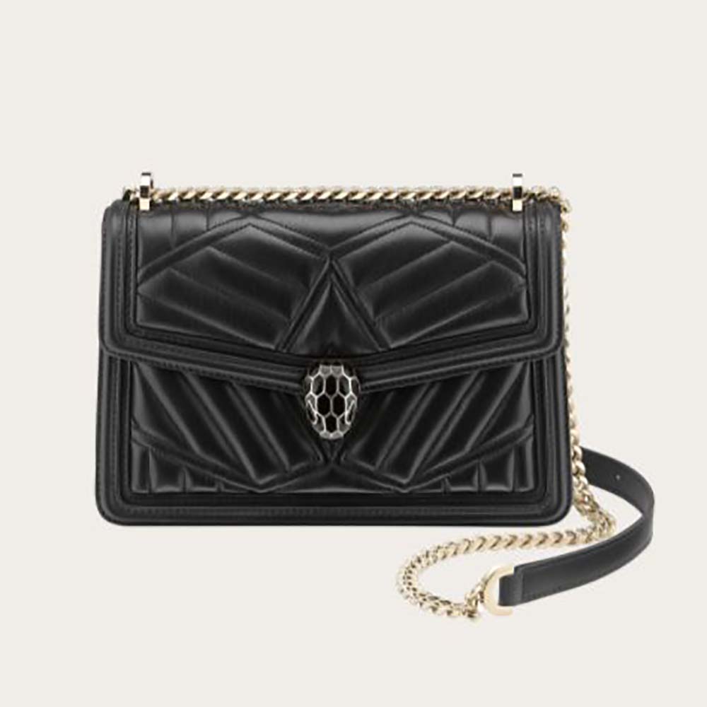 Front angle of Bvlgari Women Serpenti Diamond Blast Shoulder Bag-Black showing closure