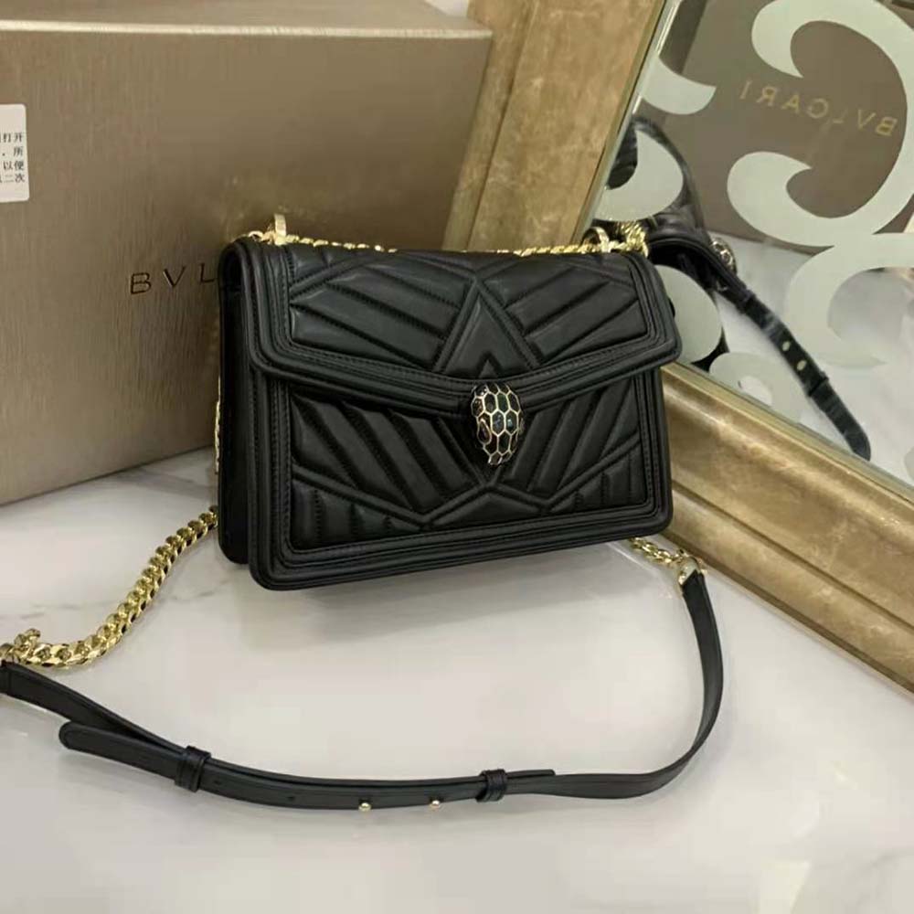 Side profile of Bvlgari Women Serpenti Diamond Blast Shoulder Bag-Black with strap