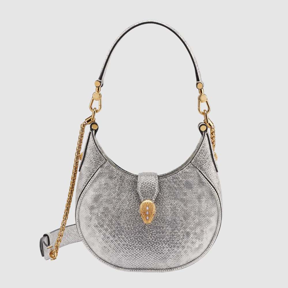 Front view of Bvlgari Women Serpenti Ellipse Crossbody Bag-Silver showing clasp