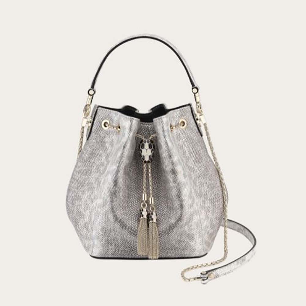 Front view of Bvlgari Women Serpenti Forever Bucket Bag-Silver with snakehead clasp