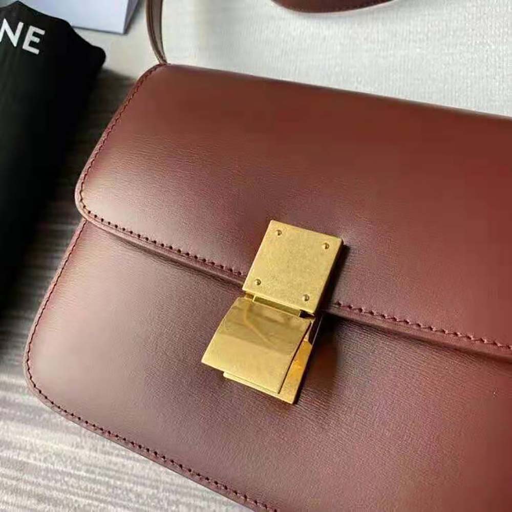 Celine Women Teen Classic Bag in Box Calfskin-Maroon - image 10