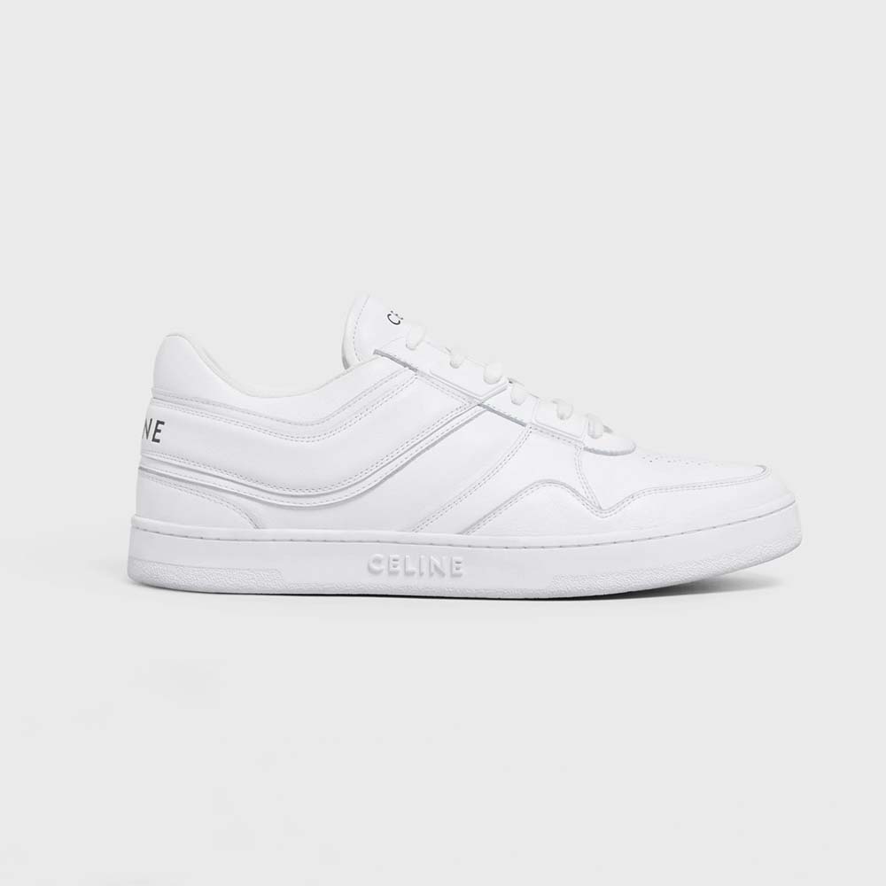 Side view of Celine Women Trainer Low Lace-up Sneaker in Calfskin-White