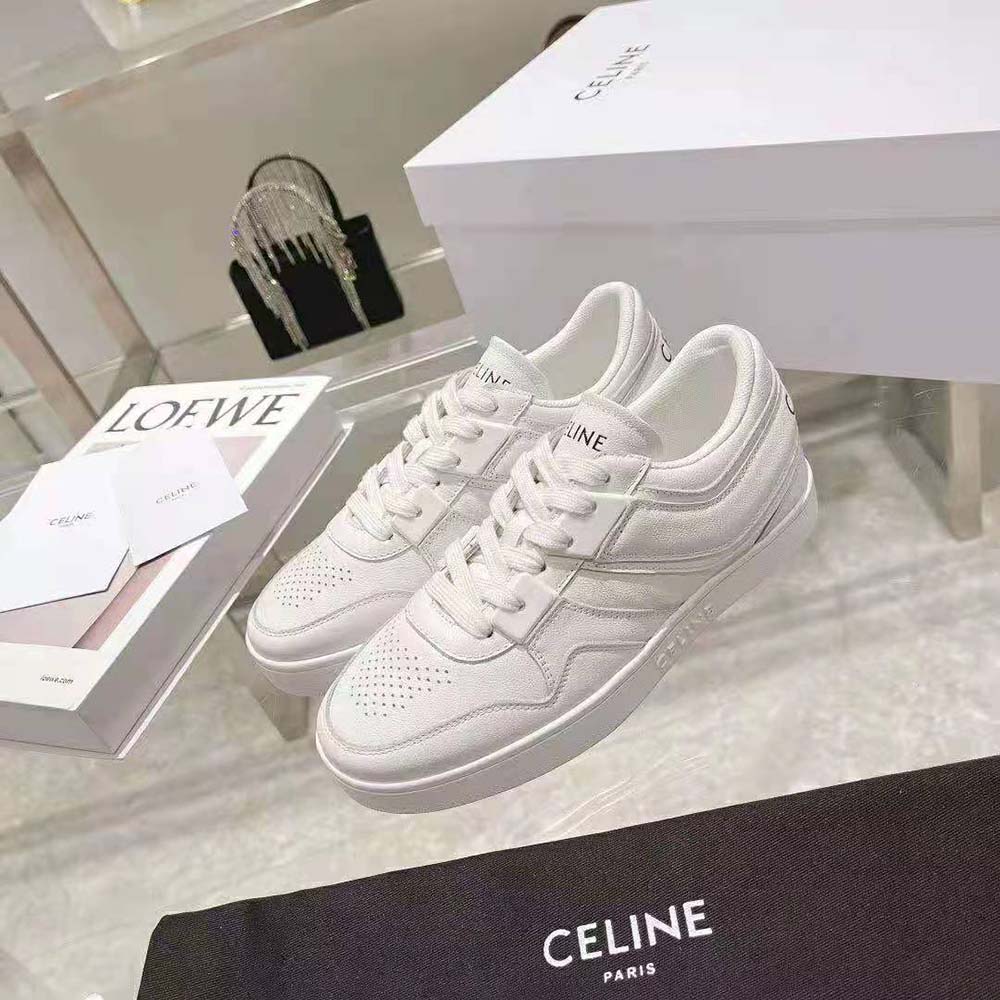 Close-up of white calfskin leather and laces on Celine Women Trainer sneaker