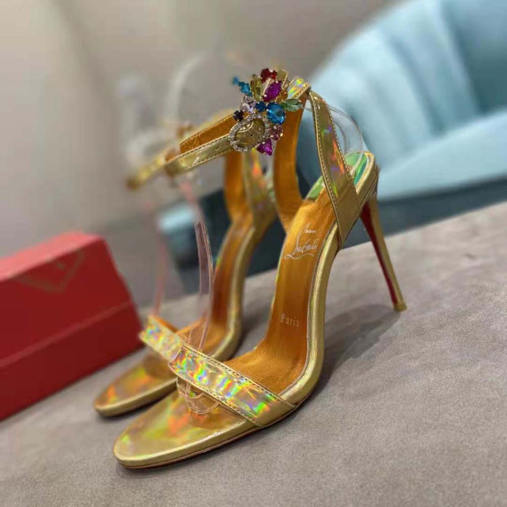 Rear view highlighting signature red sole on Christian Louboutin Women Goldie Joli 100 mm