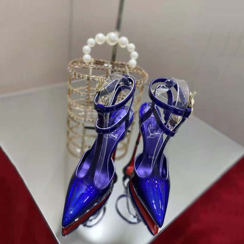 Close-up of purple satin and red sole on Maravilla Joli heels