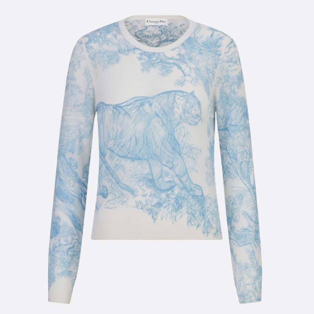 Front view of Dior Women Chez Moi Embroidered Sweater Cornflower Blue