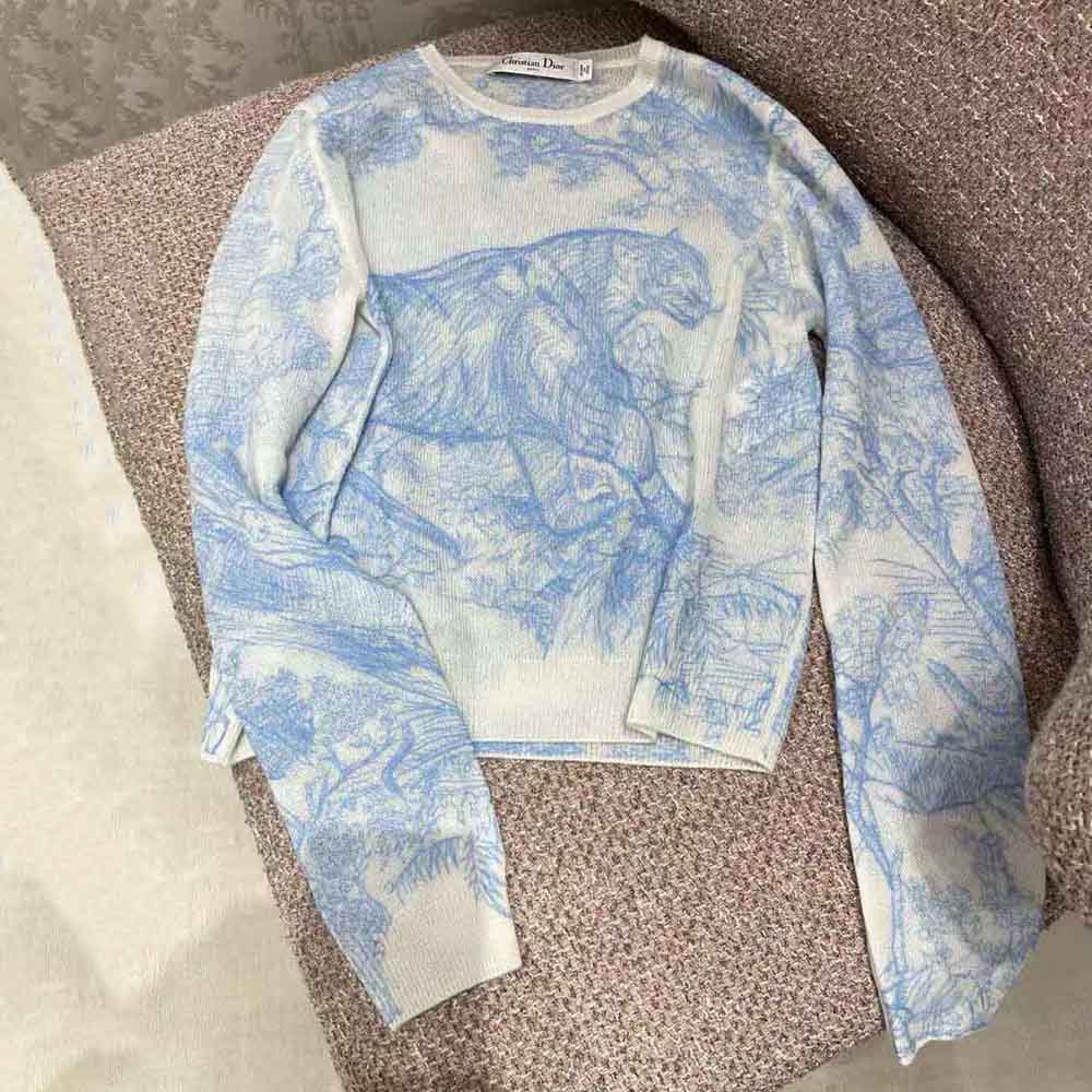 Dior Women Chez Moi Embroidered Sweater Cornflower Blue Technical Cashmere Knit - image 4