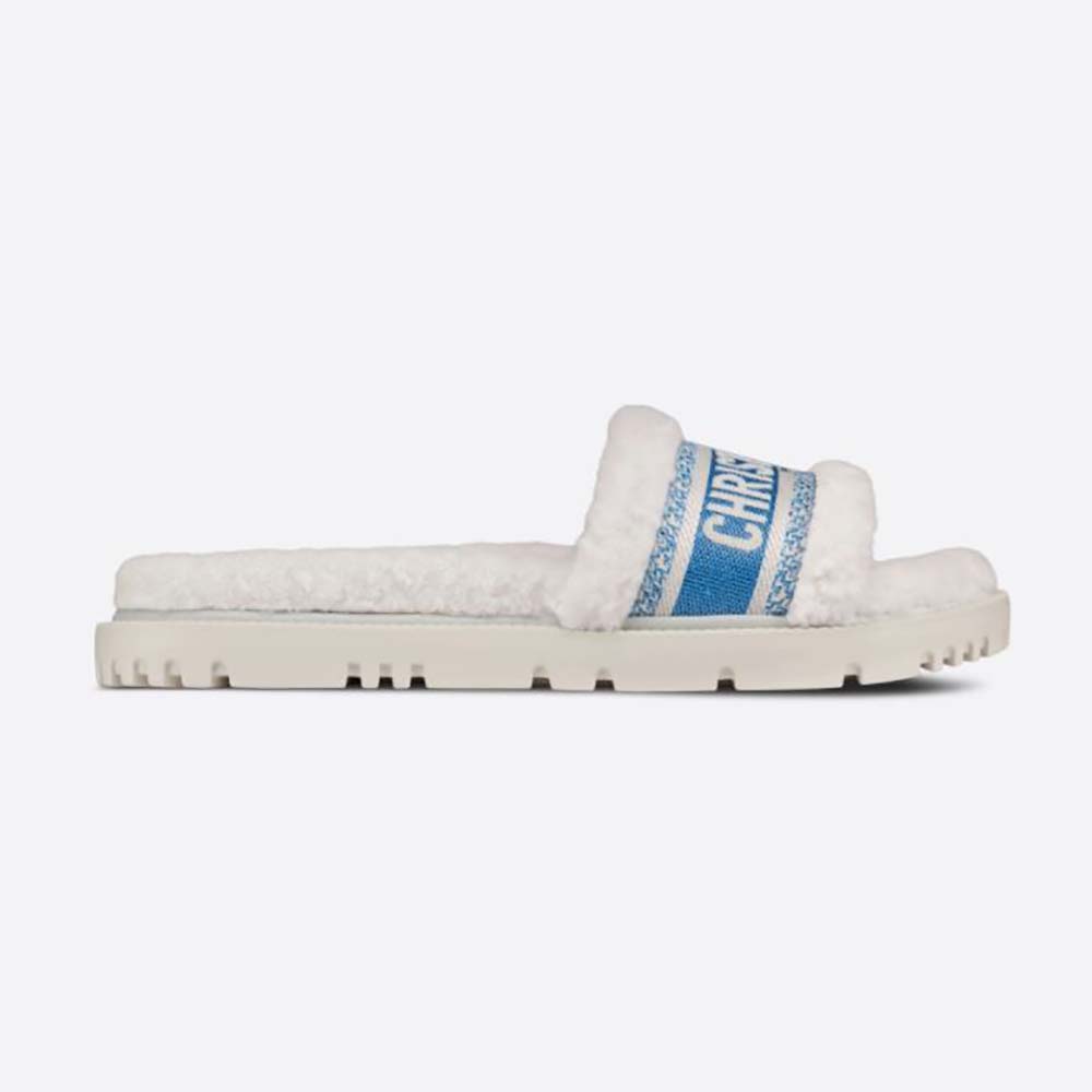 Side view of Dior Women Dway Slide Cornflower Blue Embroidered Cotton and White Shearling
