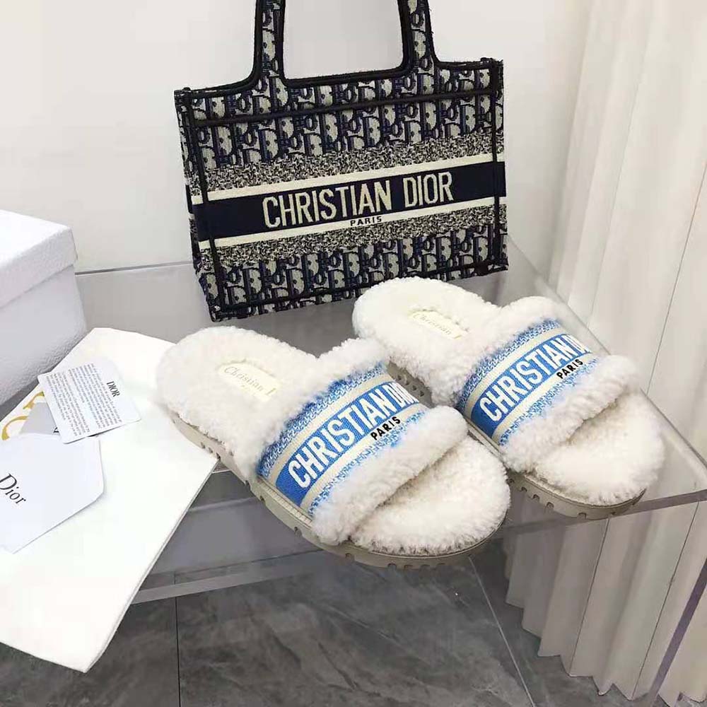 Dior Women Dway Slide Cornflower Blue Embroidered Cotton and White Shearling - image 5