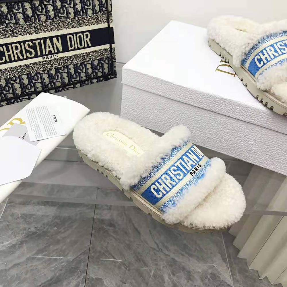 Dior Women Dway Slide Cornflower Blue Embroidered Cotton and White Shearling - image 7